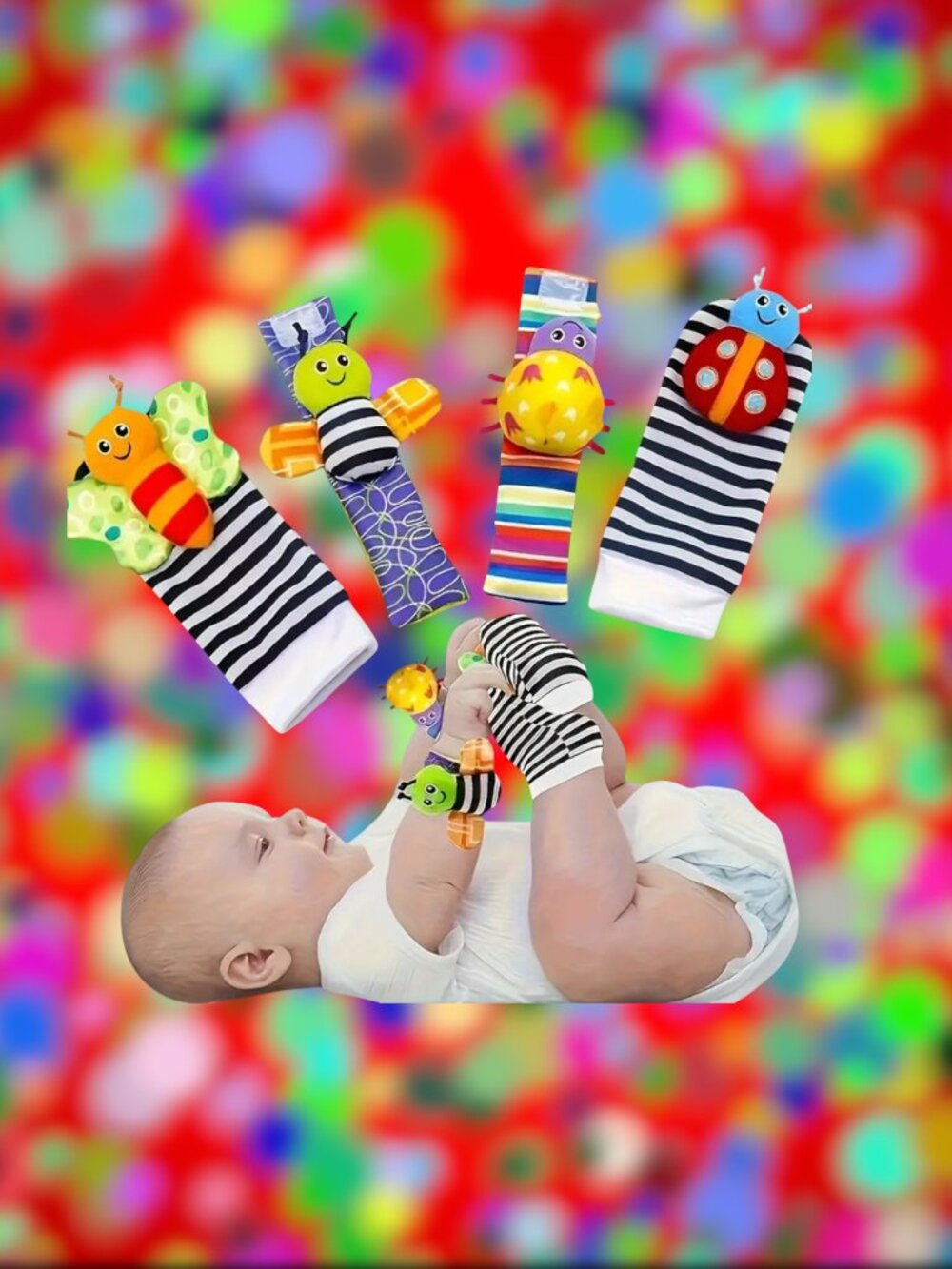 NEW Baby Wrist & Rattle Socks Foot Finder Insects Sensory Toy Learning Newborn